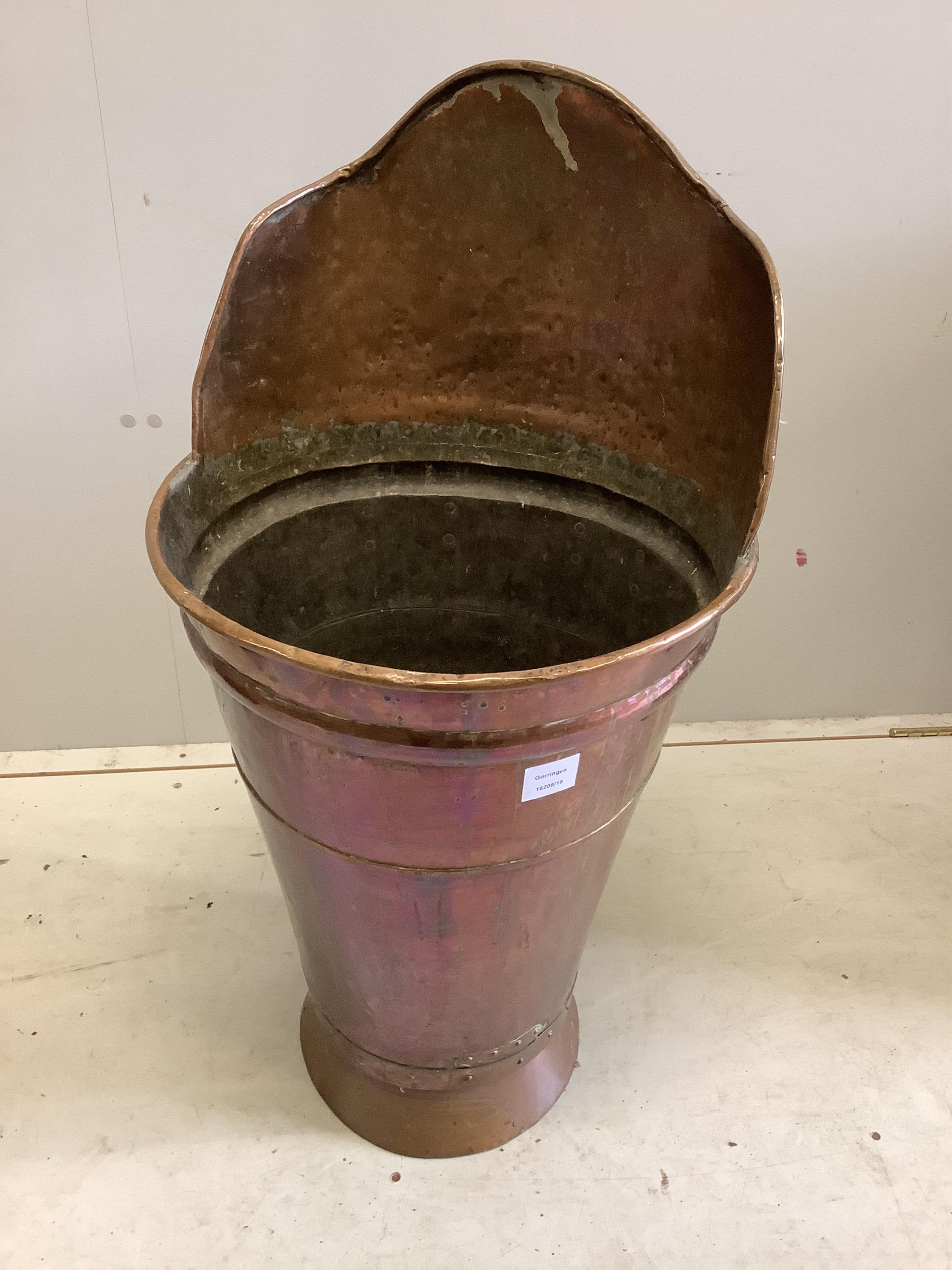 A 19th century French copper grape pickers hod, height 85cm together with a brass bound staved oak coal scuttle. Condition - poor to fair